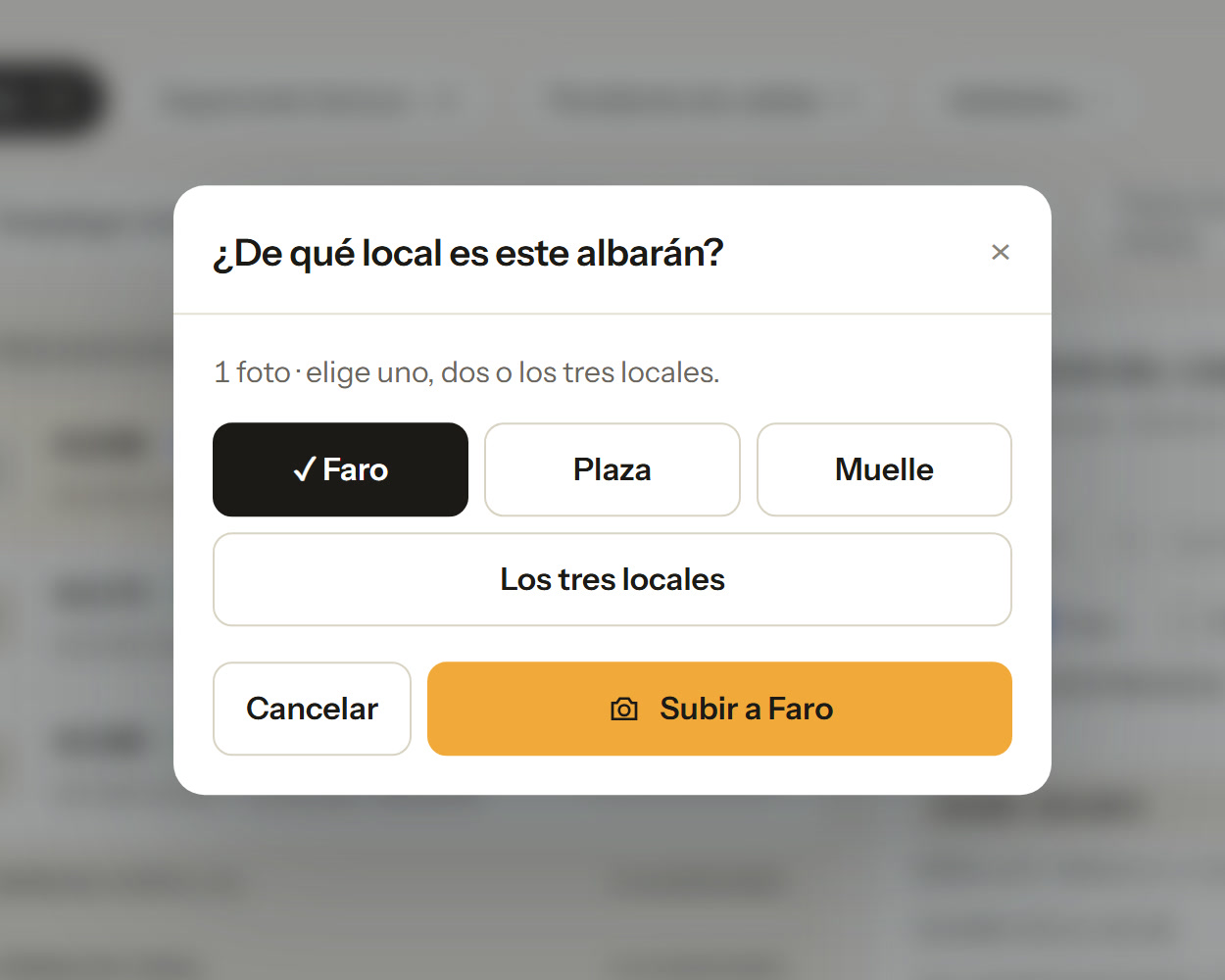 El panel pregunta de qué local es el albarán antes de subir la foto